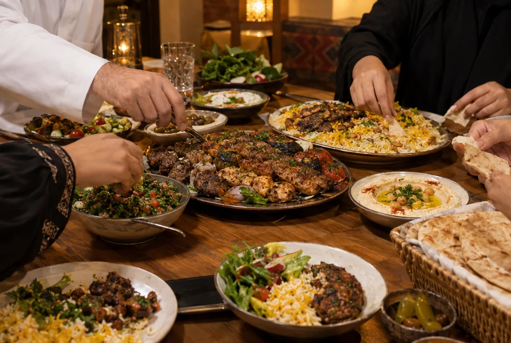Une famille partageant un repas dans un restaurant au Koweït