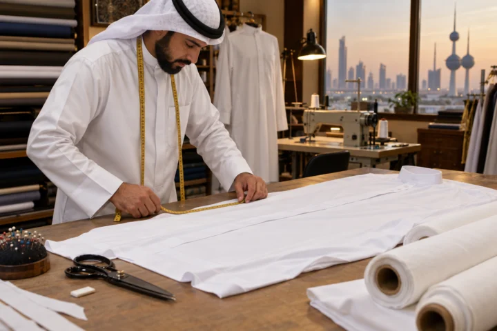 Un sastre cosiendo una dishdasha blanca en un taller en Kuwait