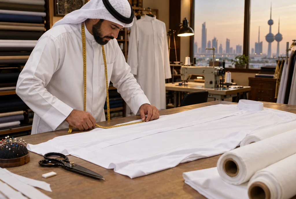Un sastre cosiendo una dishdasha blanca en un taller en Kuwait