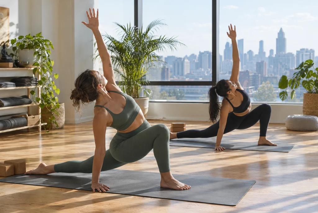 Un studio de yoga lumineux avec des personnes qui s'étirent sur des tapis