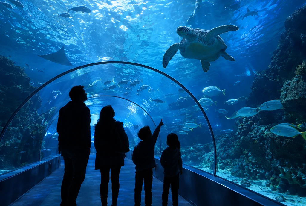 Une famille regardant des poissons dans un grand aquarium