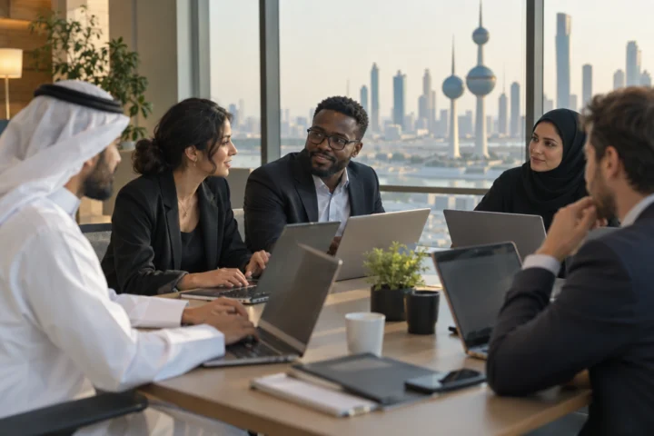 Una reunión de un equipo internacional en una oficina de Ciudad de Kuwait