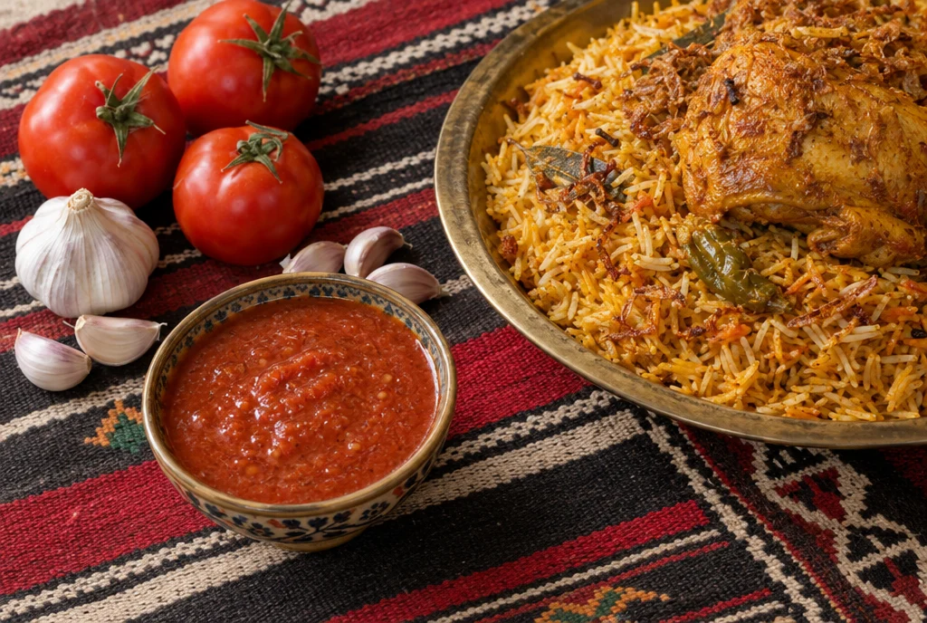 Un bol de sauce tomate daqqus koweïtienne maison avec tomates fraîches et ail