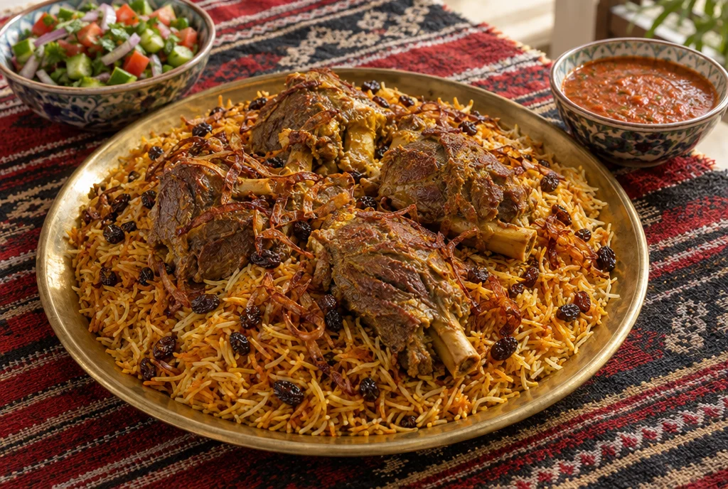Machboos d'agneau koweïtien avec riz épicé, oignons frits et daqqus
