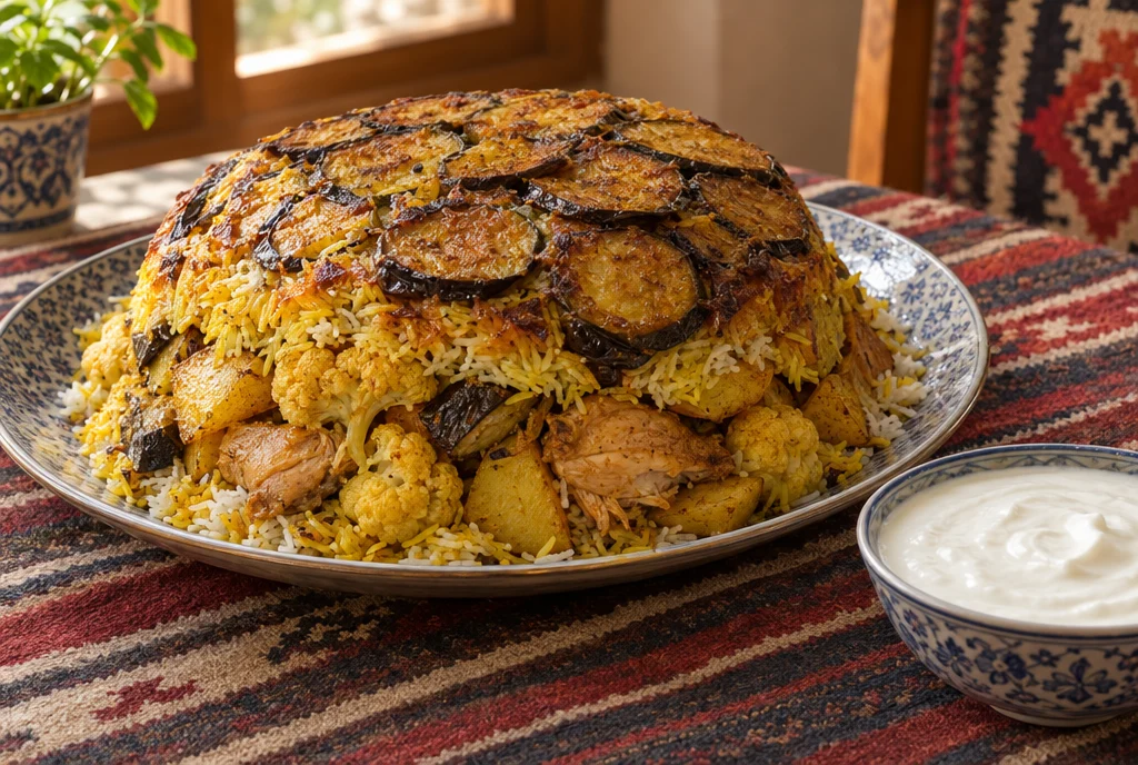 Maglooba, arroz volteado con pollo, berenjena y coliflor, servido con yogur