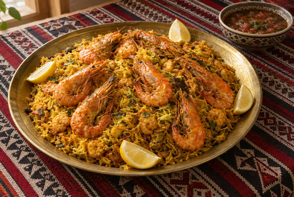 Una fuente de murabyan kuwaití, arroz especiado cocido con camarones