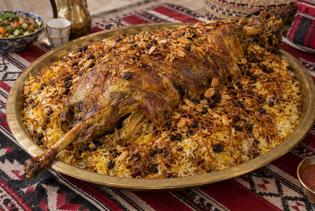 Quozi kuwaití, cordero asado sobre arroz especiado con frutos secos y pasas