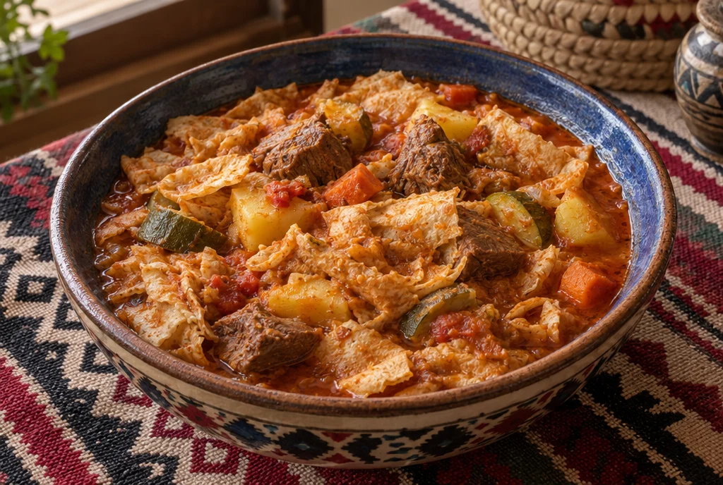 Un bol de tashreeb koweïtien, pain imbibé d'un ragoût de viande et de légumes