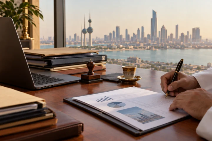 Planificando un nuevo negocio en un escritorio con vista a Ciudad de Kuwait