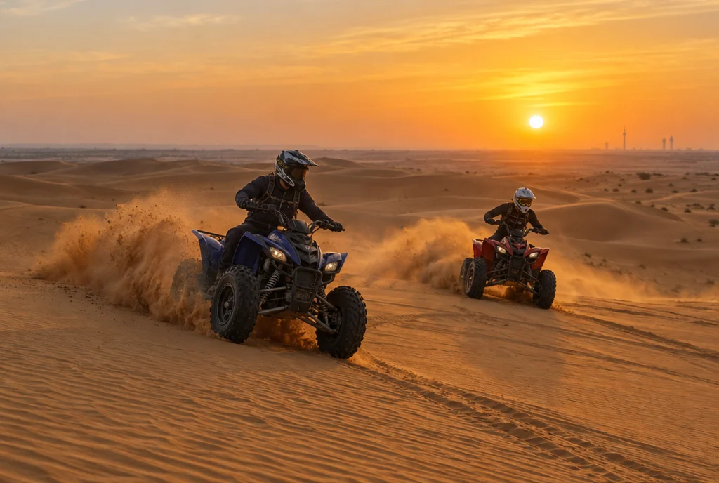 Des pilotes de quad sur les dunes du désert koweïtien au coucher du soleil