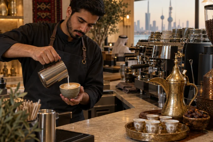 La barra de una cafetería con arte latte y una dallah tradicional