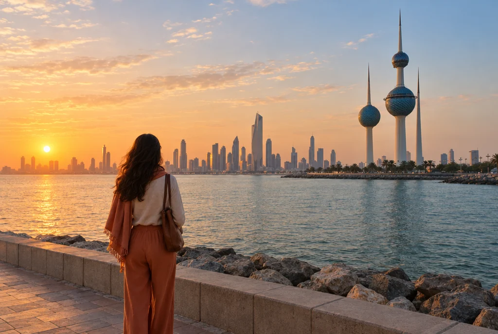 Vista de las Torres de Kuwait al otro lado del agua al amanecer