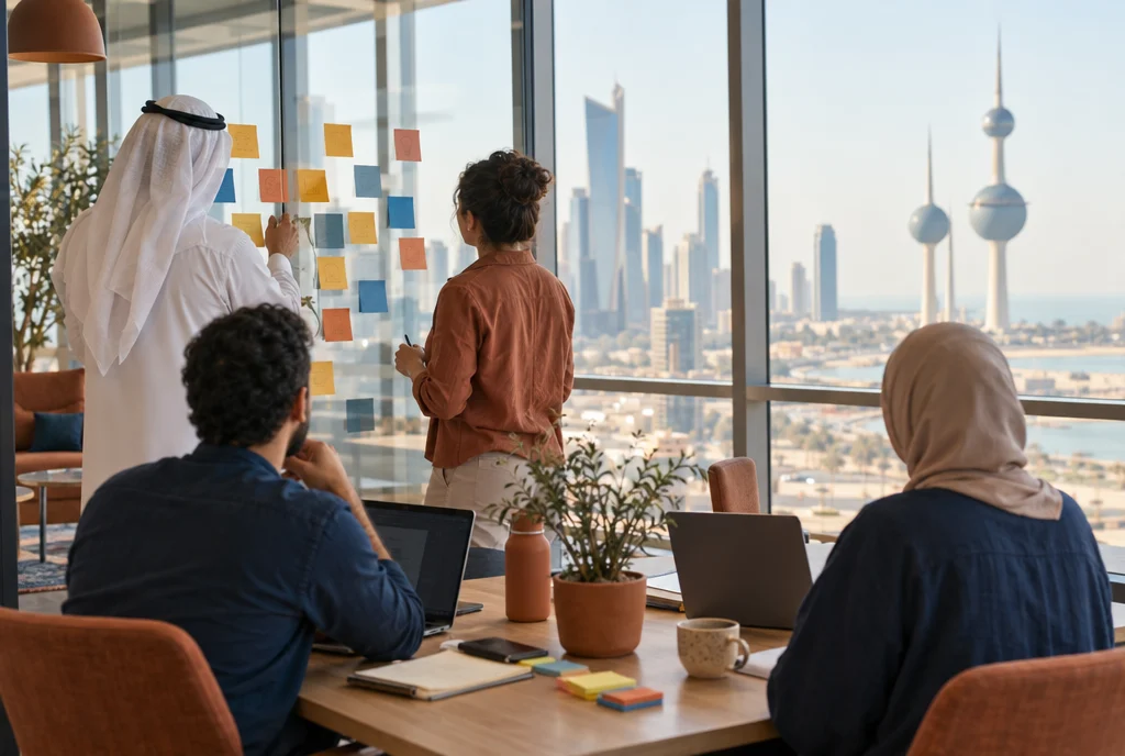 Un equipo de startup trabajando en una oficina luminosa en Ciudad de Kuwait