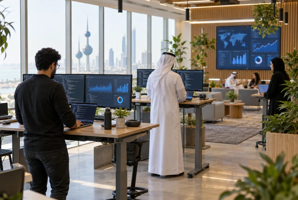 Desarrolladores trabajando en una oficina tecnológica moderna en Kuwait