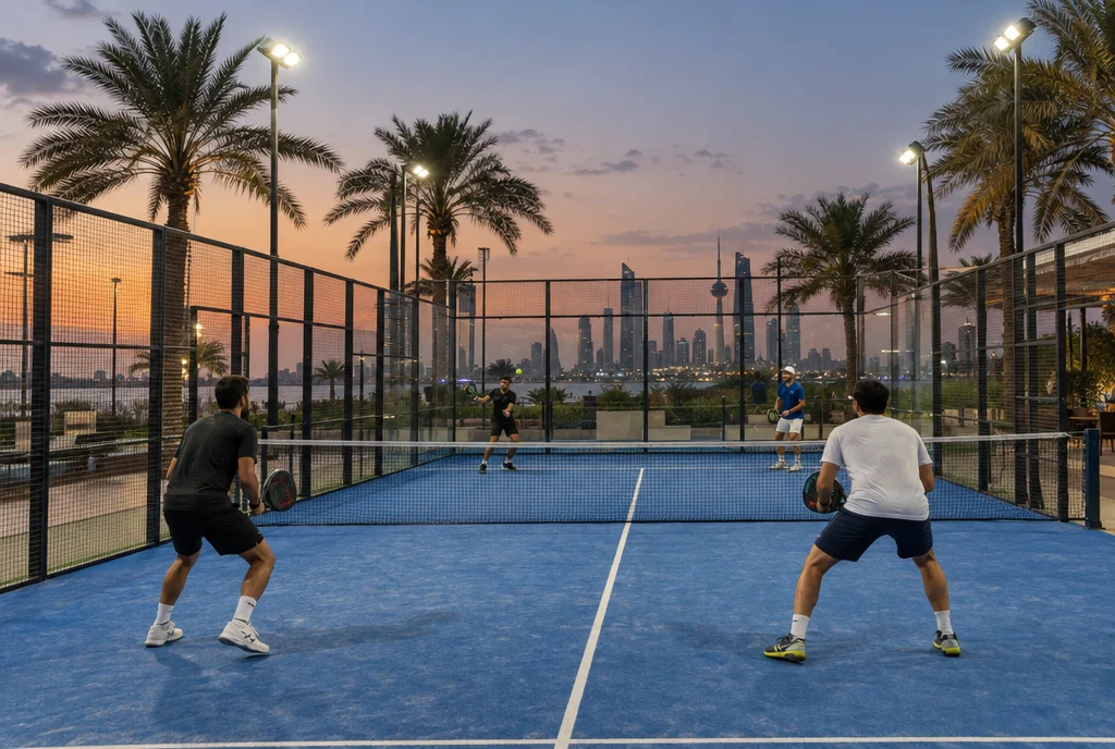 Des amis jouant au padel sous les projecteurs au Koweït